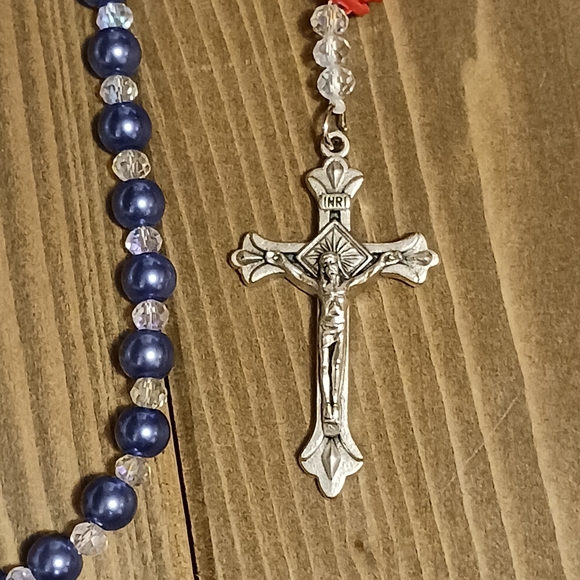 Rosary Necklace made with Blue glass pearls, clear crystals and red Rose beads. - Picture 2 of 2